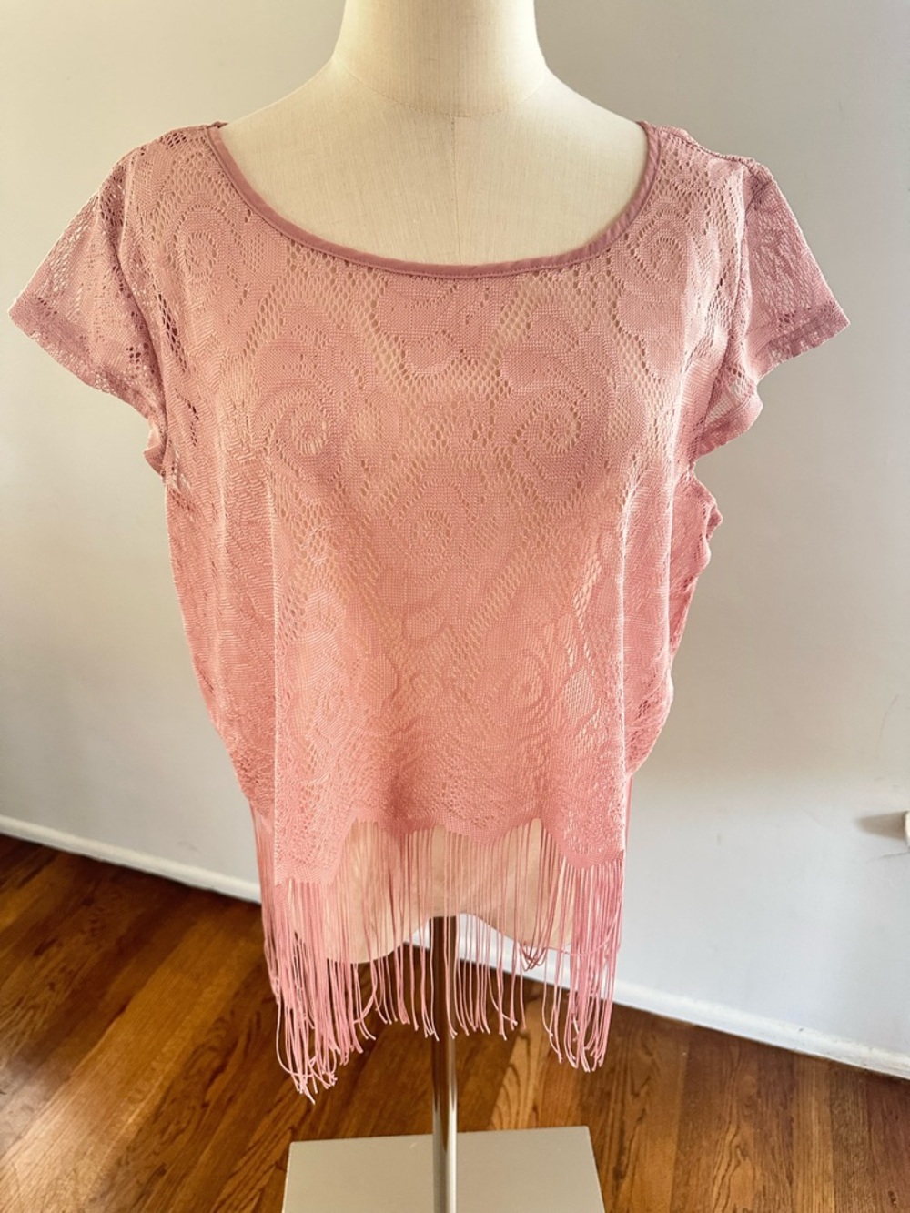 Boho Lace Fringe Top Pink Sheer Overlay Festival Coachella Beach Cover Up OS